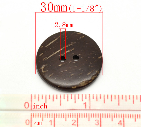 ココナッツの殻 縫製 ボタン 2つ穴 円形 ブラウン 3cm 直径、 30 個 の画像