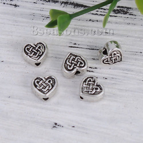 Immagine di Lega di Zinco Perline Cuore Argento Antico Nodo Cinese Come 7mmx 7mm, Foro: circa 1.8mm, 100 Pz