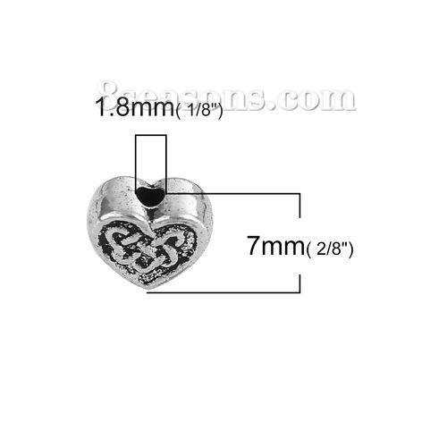 Immagine di Lega di Zinco Perline Cuore Argento Antico Nodo Cinese Come 7mmx 7mm, Foro: circa 1.8mm, 100 Pz