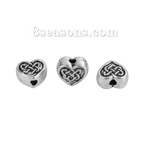 Immagine di Lega di Zinco Perline Cuore Argento Antico Nodo Cinese Come 7mmx 7mm, Foro: circa 1.8mm, 100 Pz