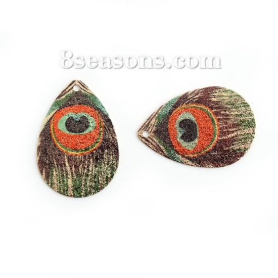 Immagine di Ottone Pittura di Smalto Charms Oro Placcato Multicolore Piuma del Ppavone Goccia Polvere di Stelle 27mm x 18mm, 10 Pz