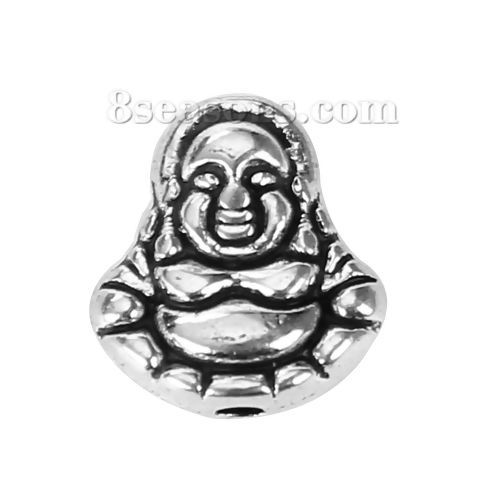Bild von Zinklegierung 3D Perlen Maitreya Buddha Antiksilber 11mm x 10mm, Loch:ca. 1.4mm, 50 Stück