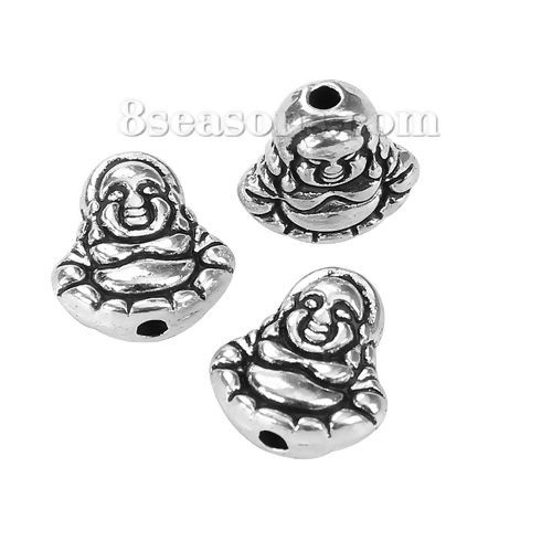 Bild von Zinklegierung 3D Perlen Maitreya Buddha Antiksilber 11mm x 10mm, Loch:ca. 1.4mm, 50 Stück