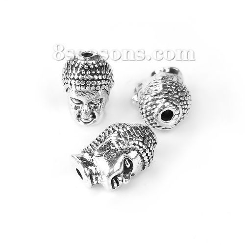 Bild von Zinklegierung 3D Perlen Buddha Antiksilber 13mm x 8mm, Loch:ca. 1.8mm, 30 Stück