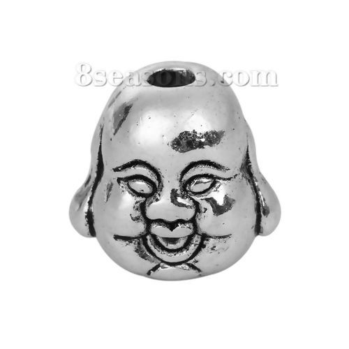Bild von Zinklegierung 3D Zwischenperlen Spacer Perlen Maitreya Buddha Antiksilber 10mm x 10mm, Loch:ca. 2.1mm, 30 Stück
