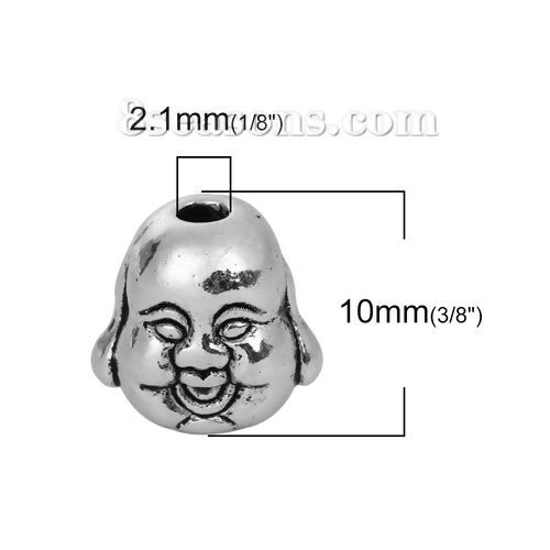 Bild von Zinklegierung 3D Zwischenperlen Spacer Perlen Maitreya Buddha Antiksilber 10mm x 10mm, Loch:ca. 2.1mm, 30 Stück