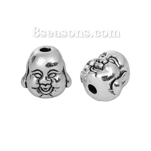 Bild von Zinklegierung 3D Zwischenperlen Spacer Perlen Maitreya Buddha Antiksilber 10mm x 10mm, Loch:ca. 2.1mm, 30 Stück