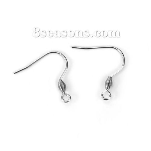 Picture of Stainless Steel Ear Wire Hooks Earring Findings Silver Tone W/ Loop 21mm( 7/8") x 21mm( 7/8"), Post/ Wire Size: (20 gauge), 30 PCs