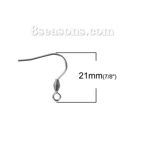 Picture of Stainless Steel Ear Wire Hooks Earring Findings Silver Tone W/ Loop 21mm( 7/8") x 21mm( 7/8"), Post/ Wire Size: (20 gauge), 30 PCs