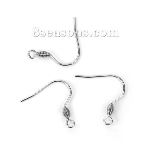 Picture of Stainless Steel Ear Wire Hooks Earring Findings Silver Tone W/ Loop 21mm( 7/8") x 21mm( 7/8"), Post/ Wire Size: (20 gauge), 30 PCs