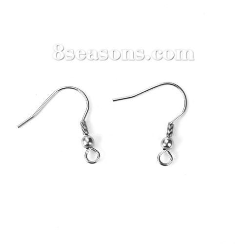 Picture of Stainless Steel Ear Wire Hooks Earring Findings Silver Tone W/ Loop 21mm( 7/8") x 19mm( 6/8"), Post/ Wire Size: (21 gauge), 50 PCs