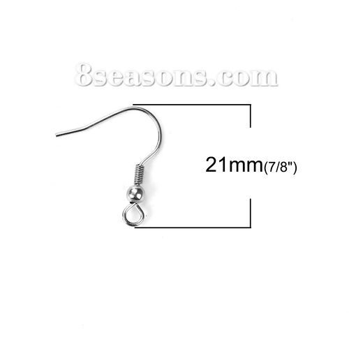 Picture of Stainless Steel Ear Wire Hooks Earring Findings Silver Tone W/ Loop 21mm( 7/8") x 19mm( 6/8"), Post/ Wire Size: (21 gauge), 50 PCs