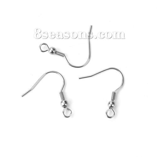 Picture of Stainless Steel Ear Wire Hooks Earring Findings Silver Tone W/ Loop 21mm( 7/8") x 19mm( 6/8"), Post/ Wire Size: (21 gauge), 50 PCs