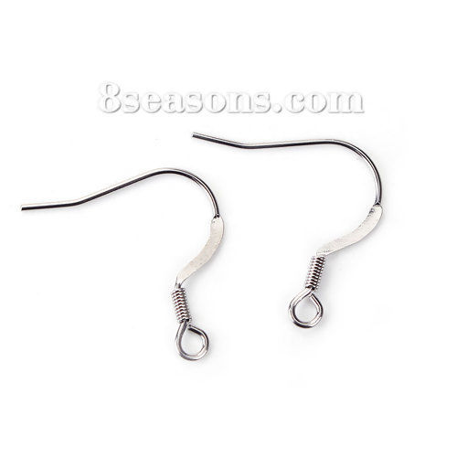 Picture of Stainless Steel Ear Wire Hooks Earring Findings Silver Tone W/ Loop 20mm( 6/8") x 19mm( 6/8"), Post/ Wire Size: (21 gauge), 50 PCs
