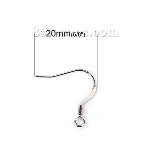 Picture of Stainless Steel Ear Wire Hooks Earring Findings Silver Tone W/ Loop 20mm( 6/8") x 19mm( 6/8"), Post/ Wire Size: (21 gauge), 50 PCs