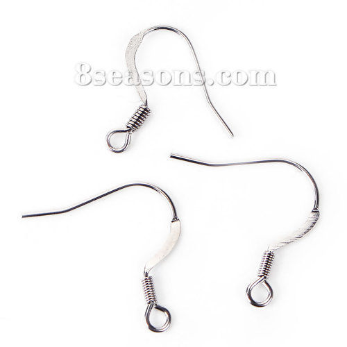 Picture of Stainless Steel Ear Wire Hooks Earring Findings Silver Tone W/ Loop 20mm( 6/8") x 19mm( 6/8"), Post/ Wire Size: (21 gauge), 50 PCs