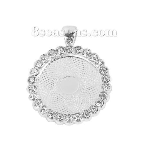 Image de Pendentifs Supports à Cabochons Alliage de Zinc Rond Argenté Cabochon Rapportable : 24mm - 25mm, Strass Transparent 43mm x 34mm, 3 Pcs