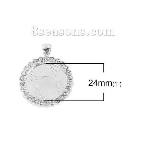 Image de Pendentifs Supports à Cabochons Alliage de Zinc Rond Argenté Cabochon Rapportable : 24mm - 25mm, Strass Transparent 43mm x 34mm, 3 Pcs