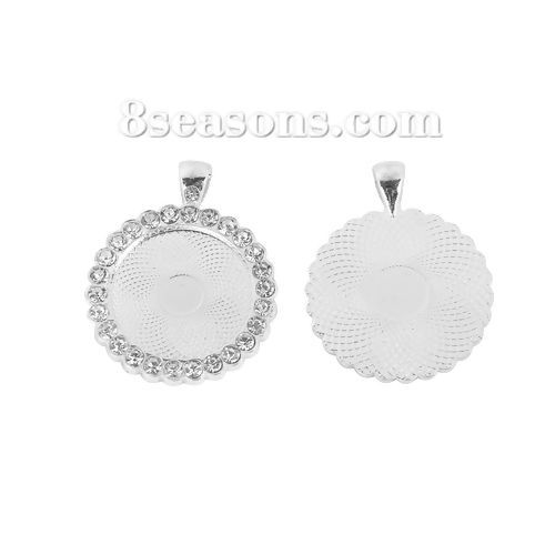 Image de Pendentifs Supports à Cabochons Alliage de Zinc Rond Argenté Cabochon Rapportable : 24mm - 25mm, Strass Transparent 43mm x 34mm, 3 Pcs