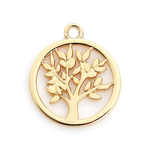 Bild von Zinklegierung Charms Anhänger Rund Vergoldet Bäume 20mm x 17mm, 10 Stück