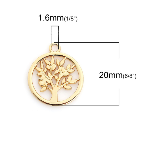 Bild von Zinklegierung Charms Anhänger Rund Vergoldet Bäume 20mm x 17mm, 10 Stück