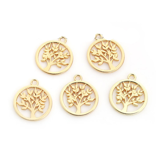 Bild von Zinklegierung Charms Anhänger Rund Vergoldet Bäume 20mm x 17mm, 10 Stück