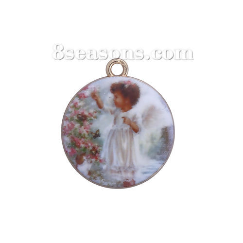 Bild von Zinklegierung Charms Anhänger Rund Vergoldet Weiß Mädchen Emaille 23mm x 20mm, 10 Stück