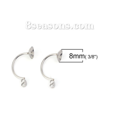 Picture of Stainless Steel Earring Components U-shaped Silver Tone Cabochon Settings (Fits 8mm Dia.) 27mm(1 1/8") x 13mm( 4/8"), 10 PCs