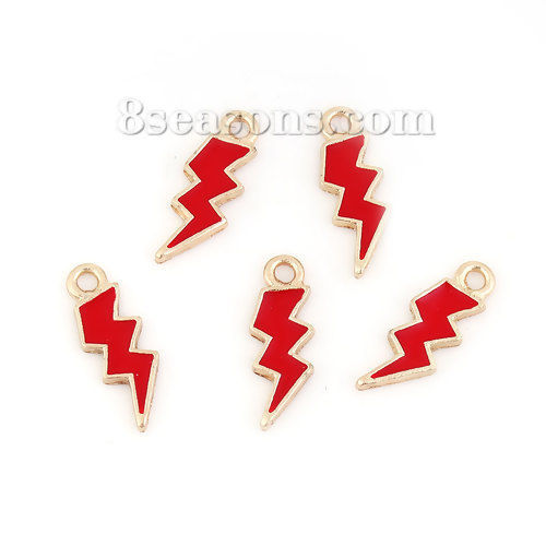 Immagine di Lega di Zinco Tempo Collezione Charms Lampo Oro Placcato Rosso Smalto 21mm x 8mm , 20 Pz