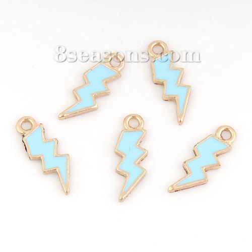 Immagine di Lega di Zinco Tempo Collezione Charms Lampo Oro Placcato Verde Blu Smalto 21mm x 8mm , 20 Pz