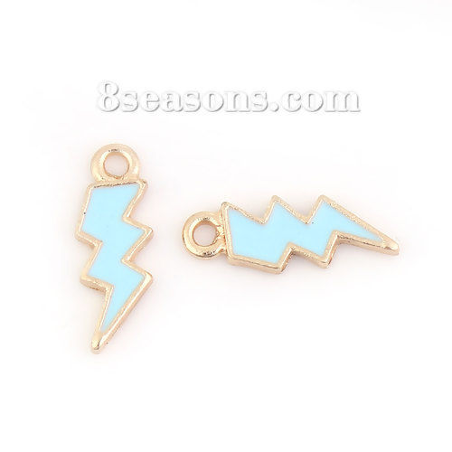 Immagine di Lega di Zinco Tempo Collezione Charms Lampo Oro Placcato Verde Blu Smalto 21mm x 8mm , 20 Pz