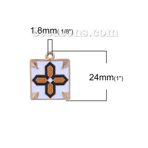 Bild von Zinklegierung Charms Anhänger Quadrat Vergoldet Bunt Kreuz Emaille Stickerei-Effekt 24mm x 20mm, 5 Stück