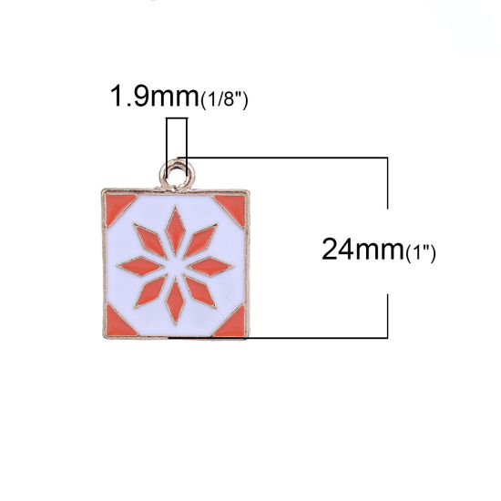 Bild von Zinklegierung Charms Anhänger Quadrat Vergoldet Bunt Kreuz Emaille Stickerei-Effekt 24mm x 20mm, 5 Stück