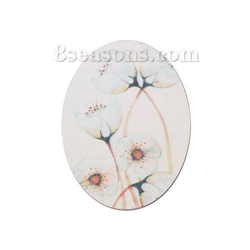 装飾 ウッド 楕円形 花柄 白 40mm x 30mm、 5 個 の画像