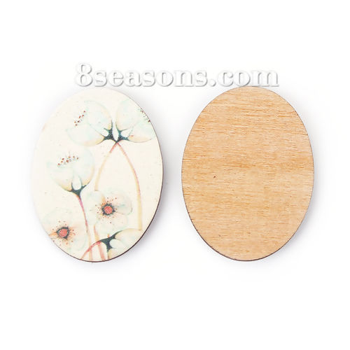 装飾 ウッド 楕円形 花柄 白 40mm x 30mm、 5 個 の画像