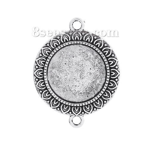 Picture of Zinc Based Alloy Connectors Round Antique Silver Color Carved Carved Cabochon Settings (Fits 20mm Dia.) 37mm(1 4/8") x 29mm(1 1/8"), 10 PCs