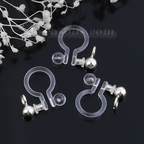 Picture of Resin & Stainless Steel No Piercing Ear Clips Earring Findings Round Silver Tone W/ Loop 11mm( 3/8") x 11mm( 3/8"), 10 PCs