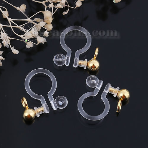 Picture of Resin & Stainless Steel No Piercing Ear Clips Earring Findings Round Gold Plated W/ Loop 11mm( 3/8") x 11mm( 3/8"), 10 PCs