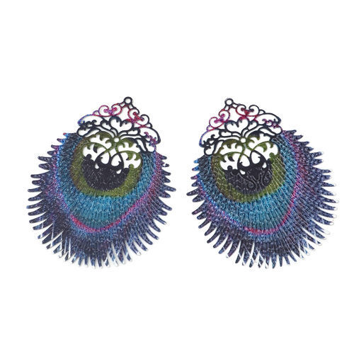 Immagine di Lega di Ferro Ciondoli Piuma del Ppavone Multicolore Filigree Stamping 65mm x 51mm , 5 Pz