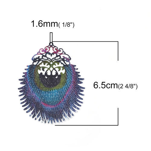 Immagine di Lega di Ferro Ciondoli Piuma del Ppavone Multicolore Filigree Stamping 65mm x 51mm , 5 Pz