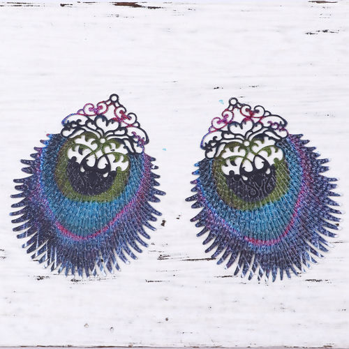 Immagine di Lega di Ferro Ciondoli Piuma del Ppavone Multicolore Filigree Stamping 65mm x 51mm , 5 Pz