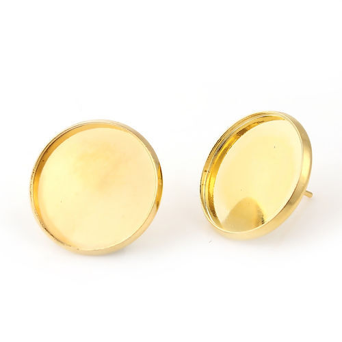 Picture of Brass Ear Post Stud Earrings Findings Round Gold Plated Cabochon Settings (Fit 18mm Dia.) 20mm( 6/8") x 14mm( 4/8"), Post/ Wire Size: (20 gauge), 10 PCs
