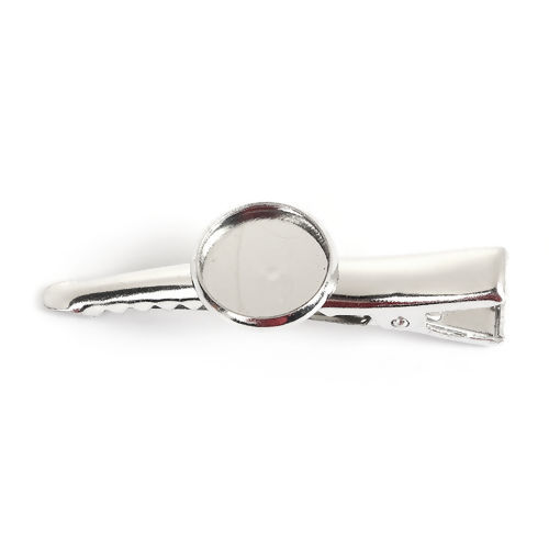 Picture of 20 PCs Iron Based Alloy Alligator Hair Clips Findings Silver Tone Round Cabochon Settings (Fits 12mm Dia.) 45mm x 14mm