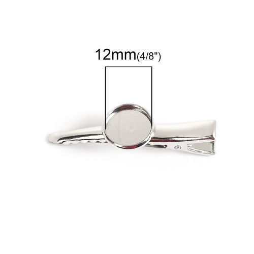 Picture of 20 PCs Iron Based Alloy Alligator Hair Clips Findings Silver Tone Round Cabochon Settings (Fits 12mm Dia.) 45mm x 14mm
