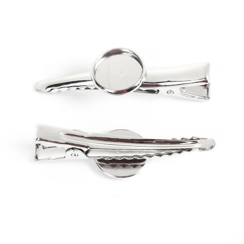 Picture of 20 PCs Iron Based Alloy Alligator Hair Clips Findings Silver Tone Round Cabochon Settings (Fits 12mm Dia.) 45mm x 14mm