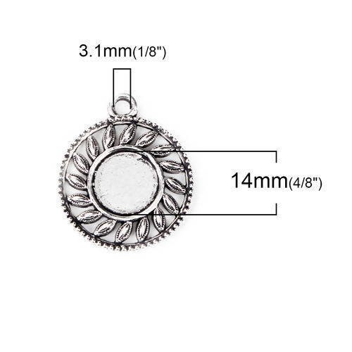 Image de Pendentifs Supports à Cabochons Alliage de Zinc Rond Argent Vieilli Cabochon Rapportable Soleil (Taille à Incruster: 14mm Dia.) 35mm x 29mm, 10 Pcs