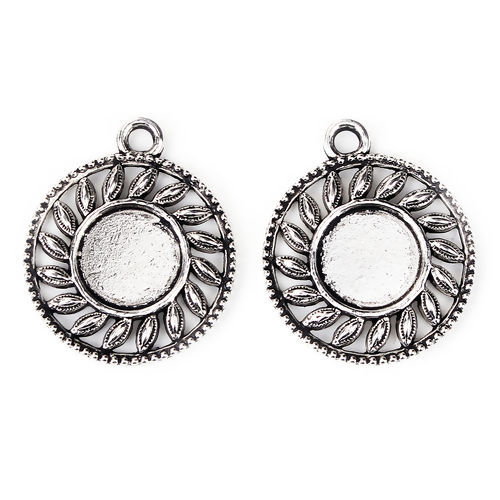 Image de Pendentifs Supports à Cabochons Alliage de Zinc Rond Argent Vieilli Cabochon Rapportable Soleil (Taille à Incruster: 14mm Dia.) 35mm x 29mm, 10 Pcs
