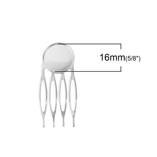 真鍮+合金 ヘアクリップ 円形 シルバートーン 台座付 (適応サイズ： 16mm) 46mm x 21mm、 10 個 の画像