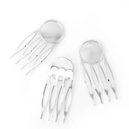 真鍮+合金 ヘアクリップ 円形 シルバートーン 台座付 (適応サイズ： 16mm) 46mm x 21mm、 10 個 の画像