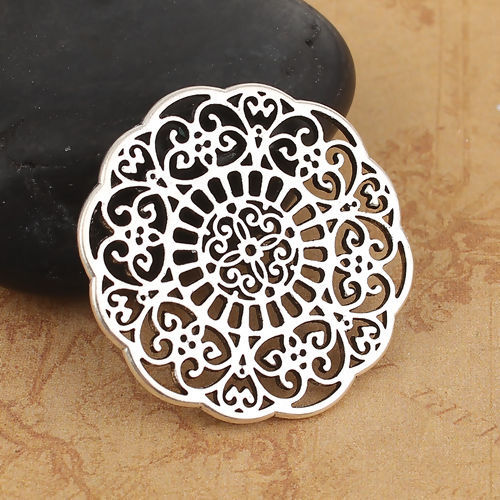 Image de Connecteurs en Alliage de Zinc Rond Argent Vieilli Fleurs Creuses 31mm x 31mm, 10 Pcs